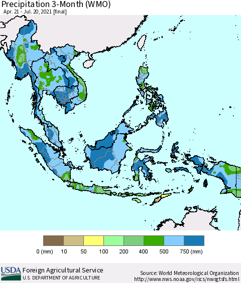 South East Asia Precipitation 3-Month (WMO) Thematic Map For 4/21/2021 - 7/20/2021