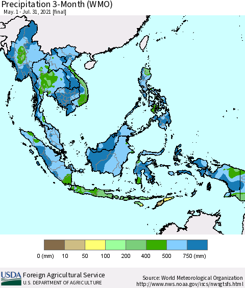 South East Asia Precipitation 3-Month (WMO) Thematic Map For 5/1/2021 - 7/31/2021