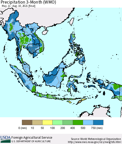 South East Asia Precipitation 3-Month (WMO) Thematic Map For 5/11/2021 - 8/10/2021