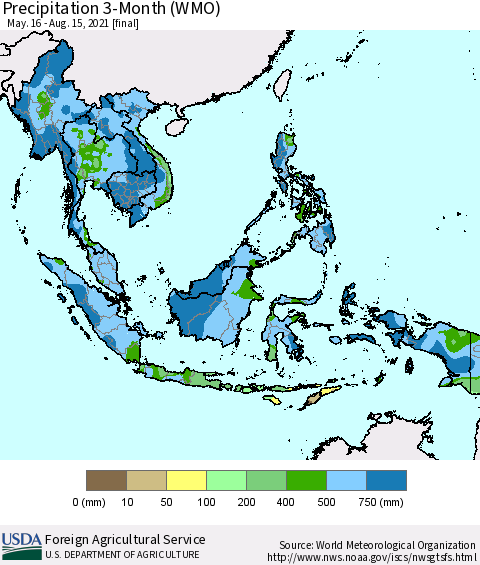 South East Asia Precipitation 3-Month (WMO) Thematic Map For 5/16/2021 - 8/15/2021