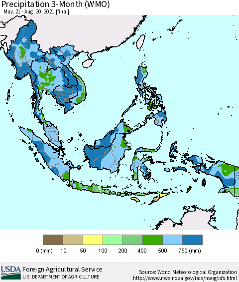 South East Asia Precipitation 3-Month (WMO) Thematic Map For 5/21/2021 - 8/20/2021