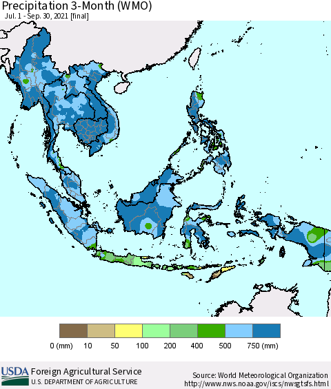 South East Asia Precipitation 3-Month (WMO) Thematic Map For 7/1/2021 - 9/30/2021