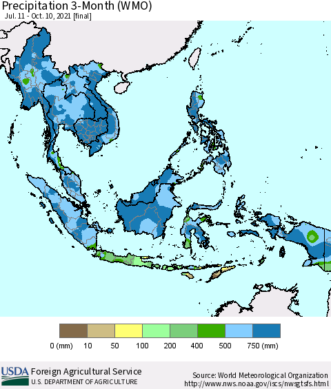 South East Asia Precipitation 3-Month (WMO) Thematic Map For 7/11/2021 - 10/10/2021