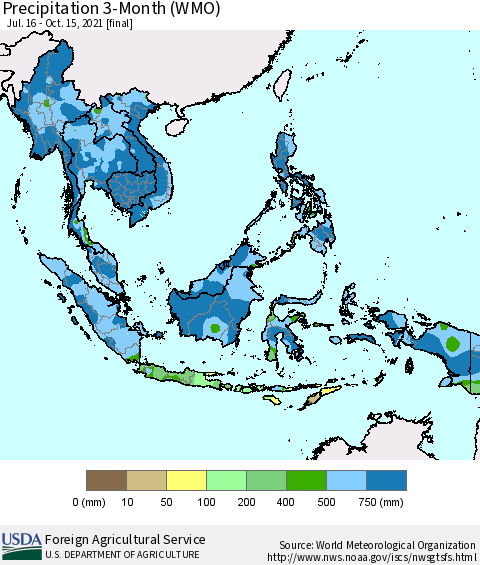 South East Asia Precipitation 3-Month (WMO) Thematic Map For 7/16/2021 - 10/15/2021