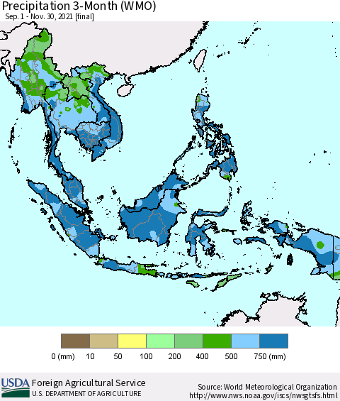 South East Asia Precipitation 3-Month (WMO) Thematic Map For 9/1/2021 - 11/30/2021