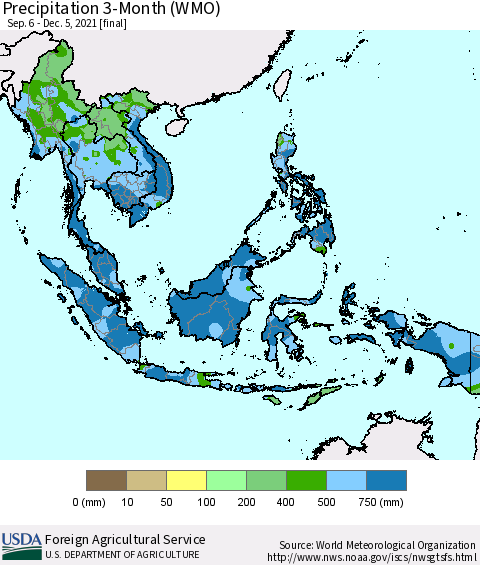 South East Asia Precipitation 3-Month (WMO) Thematic Map For 9/6/2021 - 12/5/2021