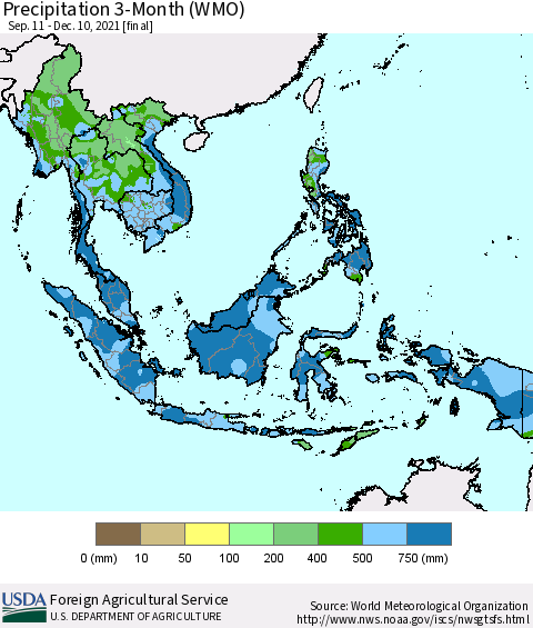 South East Asia Precipitation 3-Month (WMO) Thematic Map For 9/11/2021 - 12/10/2021