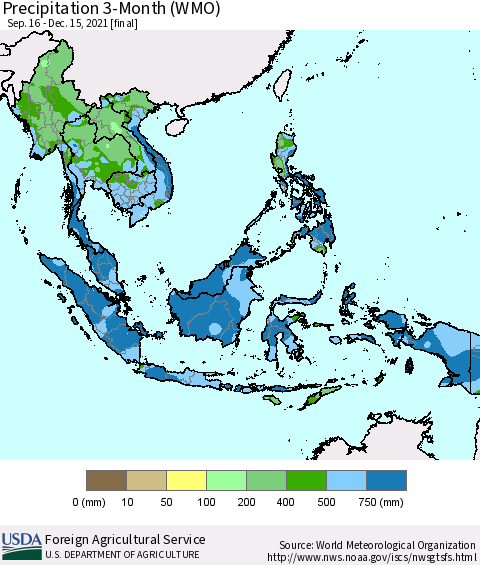 South East Asia Precipitation 3-Month (WMO) Thematic Map For 9/16/2021 - 12/15/2021