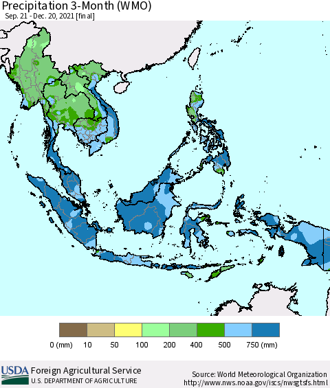 South East Asia Precipitation 3-Month (WMO) Thematic Map For 9/21/2021 - 12/20/2021