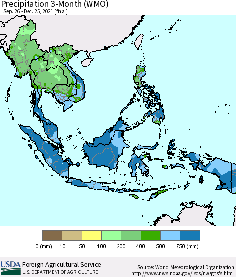 South East Asia Precipitation 3-Month (WMO) Thematic Map For 9/26/2021 - 12/25/2021