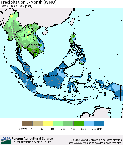 South East Asia Precipitation 3-Month (WMO) Thematic Map For 10/6/2021 - 1/5/2022