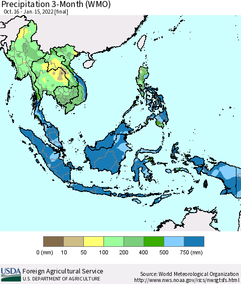 South East Asia Precipitation 3-Month (WMO) Thematic Map For 10/16/2021 - 1/15/2022