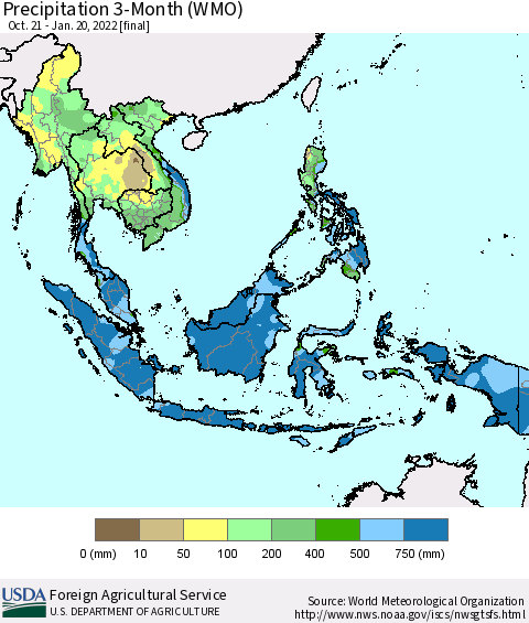 South East Asia Precipitation 3-Month (WMO) Thematic Map For 10/21/2021 - 1/20/2022