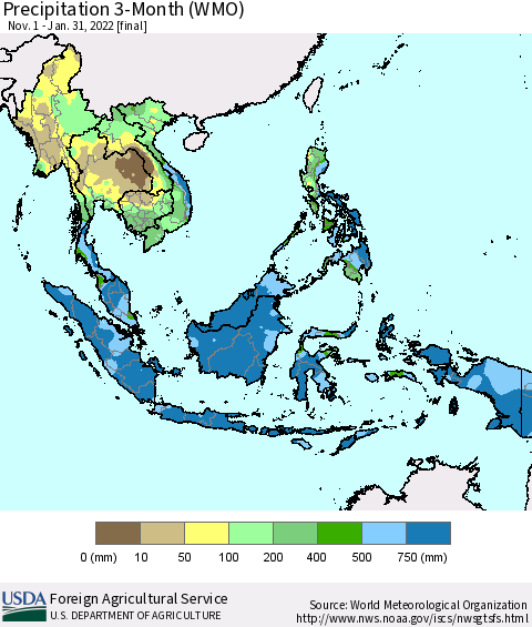 South East Asia Precipitation 3-Month (WMO) Thematic Map For 11/1/2021 - 1/31/2022