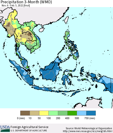 South East Asia Precipitation 3-Month (WMO) Thematic Map For 11/6/2021 - 2/5/2022