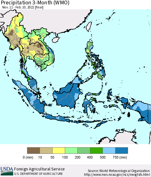 South East Asia Precipitation 3-Month (WMO) Thematic Map For 11/11/2021 - 2/10/2022