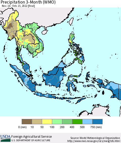 South East Asia Precipitation 3-Month (WMO) Thematic Map For 11/16/2021 - 2/15/2022
