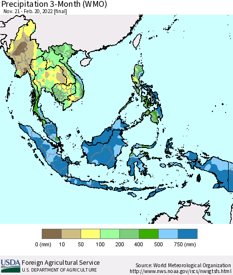 South East Asia Precipitation 3-Month (WMO) Thematic Map For 11/21/2021 - 2/20/2022