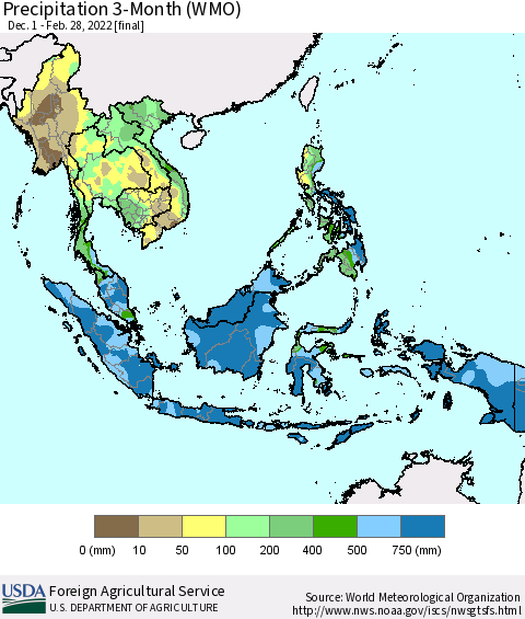 South East Asia Precipitation 3-Month (WMO) Thematic Map For 12/1/2021 - 2/28/2022