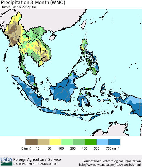 South East Asia Precipitation 3-Month (WMO) Thematic Map For 12/6/2021 - 3/5/2022