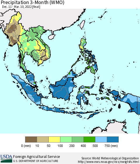 South East Asia Precipitation 3-Month (WMO) Thematic Map For 12/11/2021 - 3/10/2022