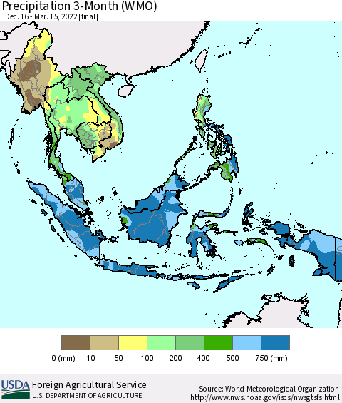 South East Asia Precipitation 3-Month (WMO) Thematic Map For 12/16/2021 - 3/15/2022