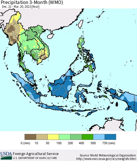 South East Asia Precipitation 3-Month (WMO) Thematic Map For 12/21/2021 - 3/20/2022