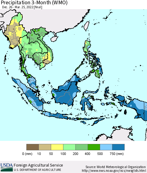 South East Asia Precipitation 3-Month (WMO) Thematic Map For 12/26/2021 - 3/25/2022