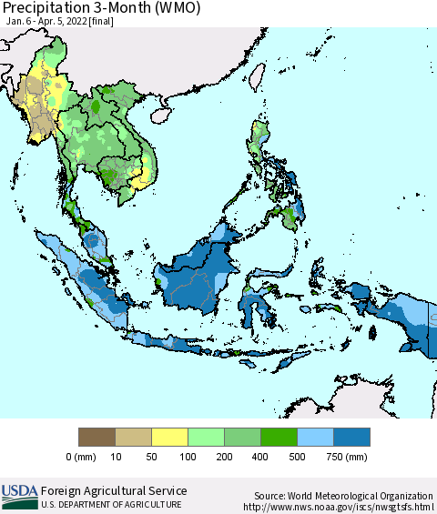 South East Asia Precipitation 3-Month (WMO) Thematic Map For 1/6/2022 - 4/5/2022