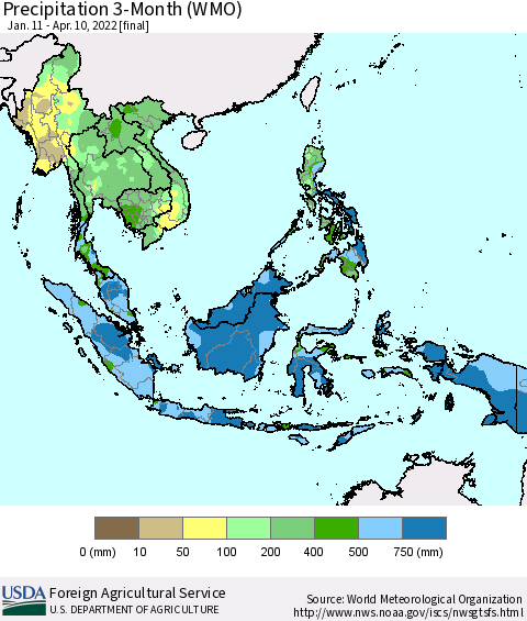 South East Asia Precipitation 3-Month (WMO) Thematic Map For 1/11/2022 - 4/10/2022