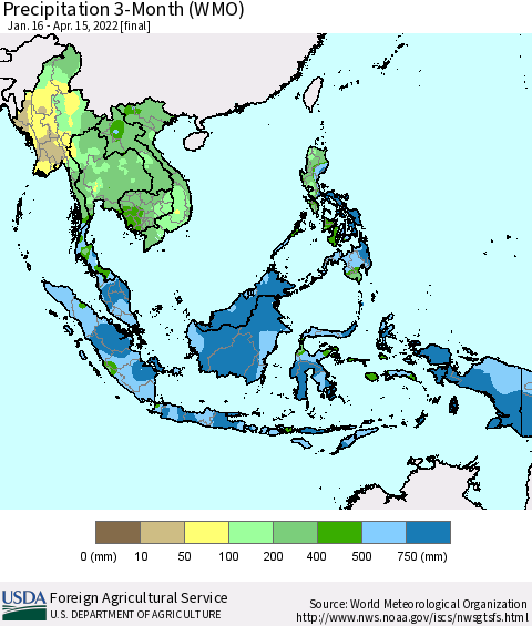 South East Asia Precipitation 3-Month (WMO) Thematic Map For 1/16/2022 - 4/15/2022