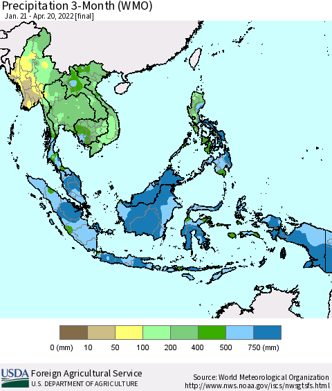 South East Asia Precipitation 3-Month (WMO) Thematic Map For 1/21/2022 - 4/20/2022