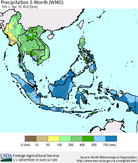 South East Asia Precipitation 3-Month (WMO) Thematic Map For 2/1/2022 - 4/30/2022