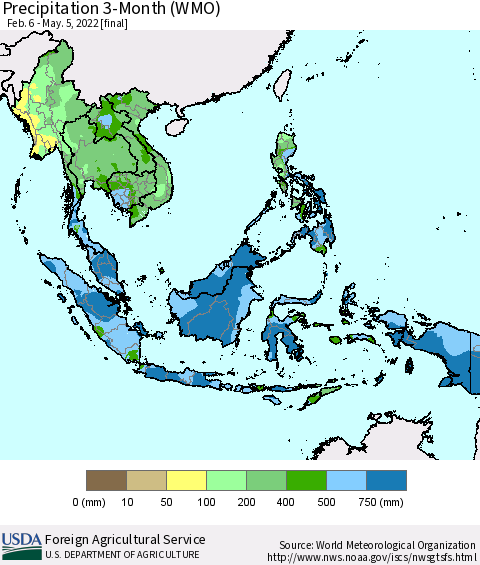 South East Asia Precipitation 3-Month (WMO) Thematic Map For 2/6/2022 - 5/5/2022