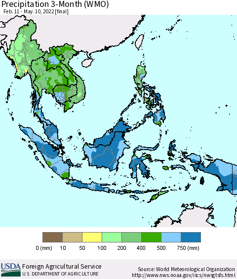 South East Asia Precipitation 3-Month (WMO) Thematic Map For 2/11/2022 - 5/10/2022