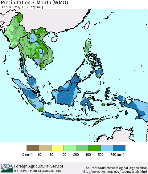 South East Asia Precipitation 3-Month (WMO) Thematic Map For 2/16/2022 - 5/15/2022
