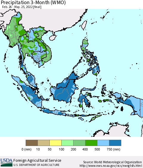 South East Asia Precipitation 3-Month (WMO) Thematic Map For 2/26/2022 - 5/25/2022