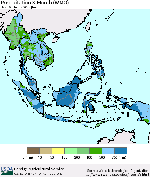 South East Asia Precipitation 3-Month (WMO) Thematic Map For 3/6/2022 - 6/5/2022