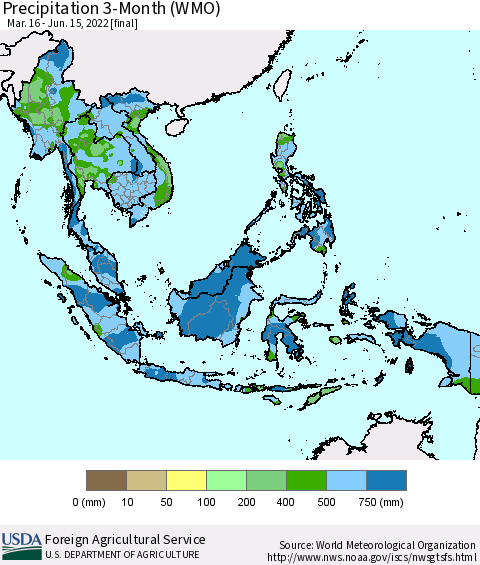 South East Asia Precipitation 3-Month (WMO) Thematic Map For 3/16/2022 - 6/15/2022