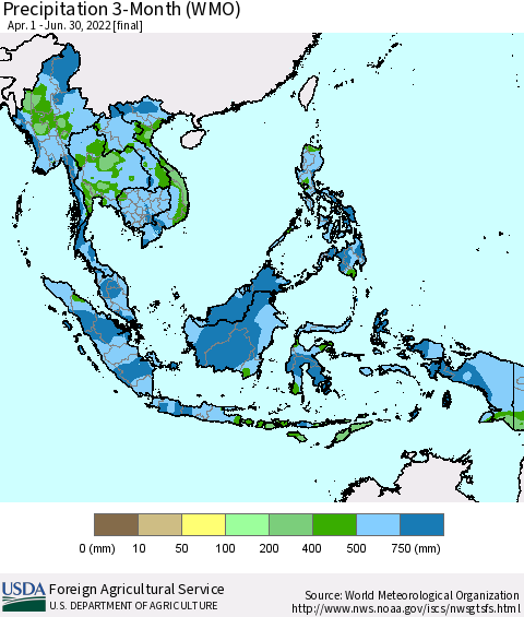 South East Asia Precipitation 3-Month (WMO) Thematic Map For 4/1/2022 - 6/30/2022