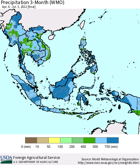 South East Asia Precipitation 3-Month (WMO) Thematic Map For 4/6/2022 - 7/5/2022