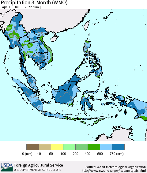 South East Asia Precipitation 3-Month (WMO) Thematic Map For 4/11/2022 - 7/10/2022
