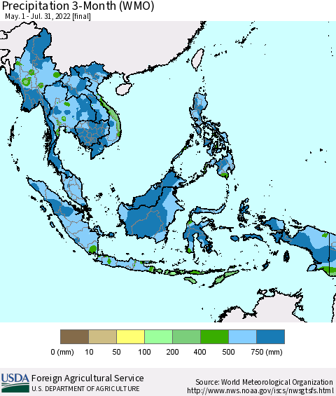 South East Asia Precipitation 3-Month (WMO) Thematic Map For 5/1/2022 - 7/31/2022
