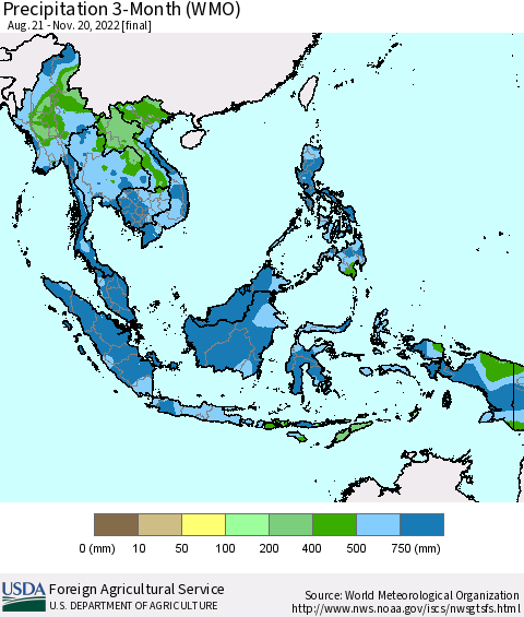 South East Asia Precipitation 3-Month (WMO) Thematic Map For 8/21/2022 - 11/20/2022