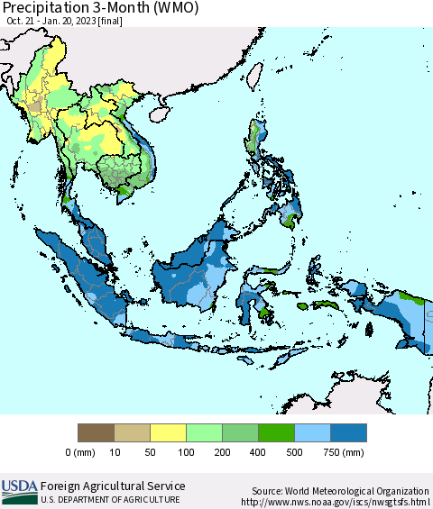 South East Asia Precipitation 3-Month (WMO) Thematic Map For 10/21/2022 - 1/20/2023