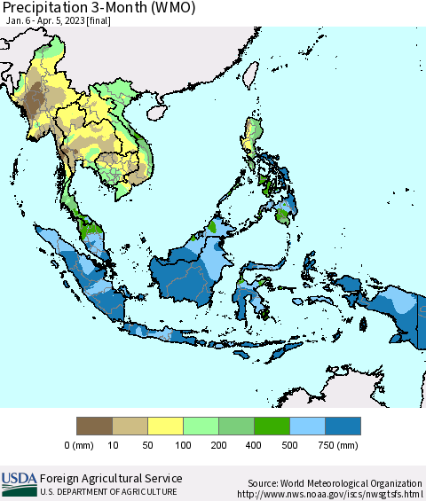 South East Asia Precipitation 3-Month (WMO) Thematic Map For 1/6/2023 - 4/5/2023