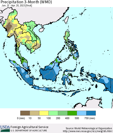 South East Asia Precipitation 3-Month (WMO) Thematic Map For 1/21/2023 - 4/20/2023