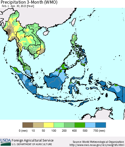 South East Asia Precipitation 3-Month (WMO) Thematic Map For 2/1/2023 - 4/30/2023