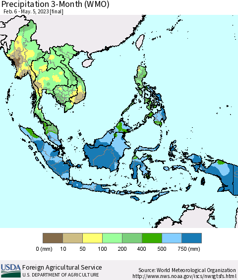 South East Asia Precipitation 3-Month (WMO) Thematic Map For 2/6/2023 - 5/5/2023