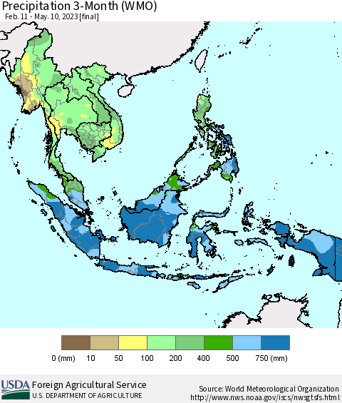 South East Asia Precipitation 3-Month (WMO) Thematic Map For 2/11/2023 - 5/10/2023